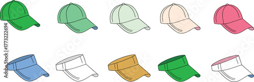 WebBaseball caps and visors collection, ten color variations, front views, curved brim, stitched details, casual fashion headwear, flat vector illustration