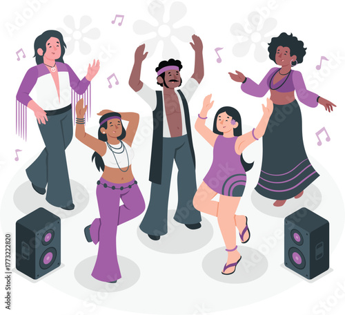 Diverse people dancing at a retro party with music notes and speakers 1970s disco