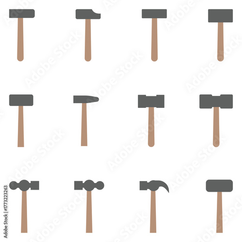 Hammer and Nail Icon Set – Construction, Repair, Carpenter, and Building Tools Vector Icons for Web and Industry Design