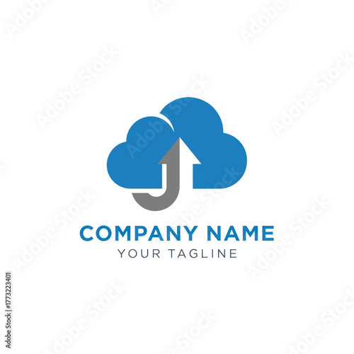 Cloud storage logo with an upward arrow and initial J for data upload.