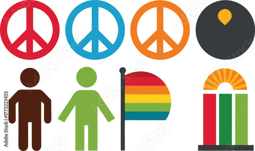 Colorful peace symbols and diverse figures united in harmony and hope, promoting equality and inclusivity for a better world, inspiring positive change