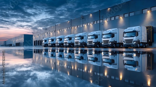 Multiple modern heavy goods vehicles are parked neatly alongside a large distribution center during twilight hours