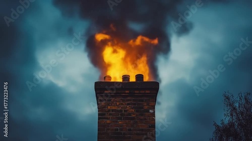 Brick chimney expels vibrant orange flames and dark smoke into a moody sky