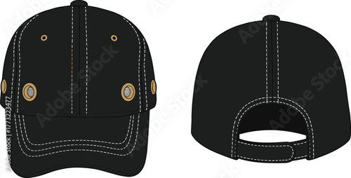 Black baseball cap with white stitching, gold ventilation eyelets, adjustable strap, curved brim, front and back view, cad drawing flat vector illustration
