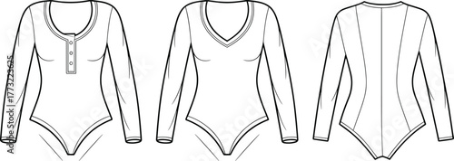 Bodysuit fashion template, CAD garment drawing, flat vector illustration, scoop neckline sketch, V‑neck design, princess seam back, long sleeve outline