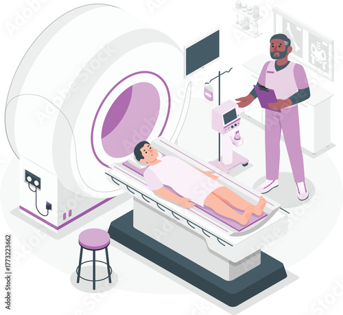 Doctor with patient in MRI scanner room medical imaging procedure Keywords: MRI, scanner