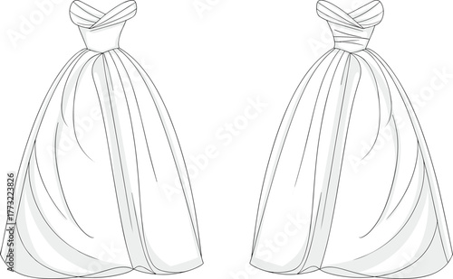 Bridal gown fashion template, CAD garment drawing, flat vector illustration, wedding dress sketch, sweetheart neckline, off shoulder design, pleated skirt