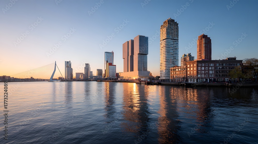 Fototapeta premium Modern high rise buildings reflect golden sunlight across a wide river during dawn