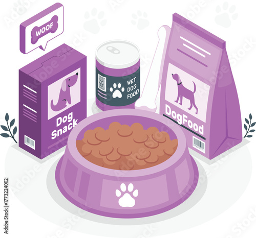 Dog food bowl bag can and snack with woof speech bubble pet food dog snack