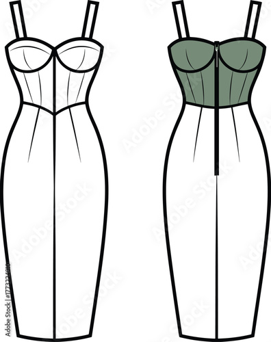 Bustier bodice dress fashion template, CAD garment drawing, flat vector illustration, fitted midi design, sweetheart neckline sketch, structured seam outline