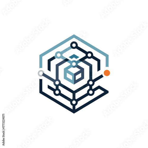 Abstract Hexagon Network with Connected Nodes and Central Cube.