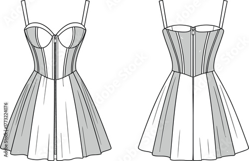 Bustier bodice dress fashion template, CAD garment drawing, flat vector illustration, sweetheart neckline design, zipper front sketch, flared skirt outline