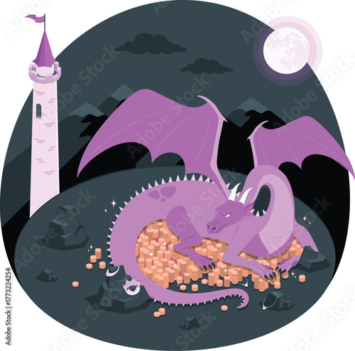 Dragon guarding treasure hoard next to a castle tower fantasy gold