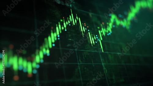Dynamic green financial chart with rising candlesticks glowing grid, and fluctuating lines climbing