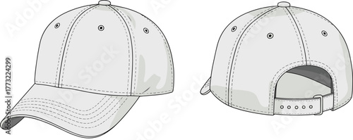 cad drawing flat vector illustration, baseball cap sketch, adjustable buckle strap design, curved brim hat template, sport fashion headwear mockup