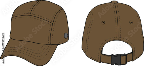 cad drawing flat vector illustration, baseball cap sketch, adjustable strap design, curved brim hat template, sport fashion headwear mockup