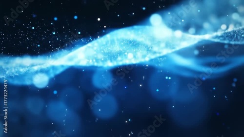 Abstract flowing blue energy particles background for science and technology