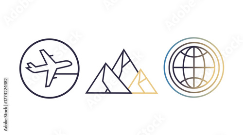 Minimalist Line Style Airplane Mountain Globe Destination Travel Icon Set