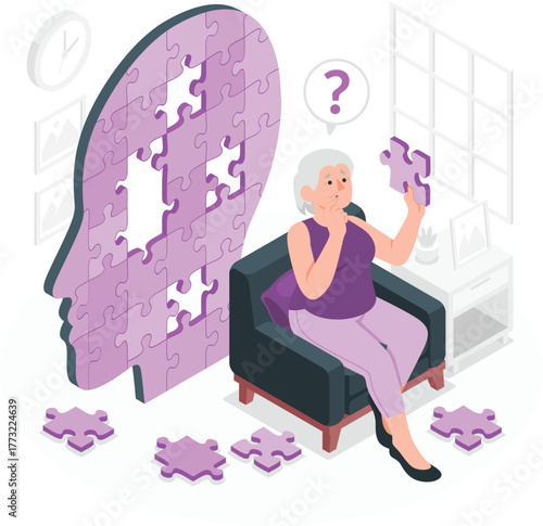 Elderly woman with dementia trying to solve a jigsaw puzzle of a head Alzheimer's memory loss