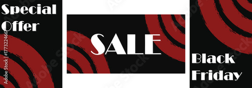 Black Friday sale banner set with red brush strokes on black background