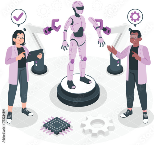 Engineers working on a humanoid robot with robotic arms engineering technology