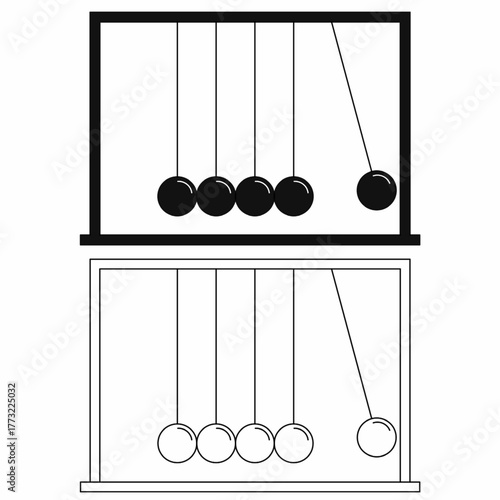 Newton's cradle also known as Newton's pendulum, Newton's balls, Newton's rocker or executive ball clicker.thin line outline silhouette newton cradle icon set.