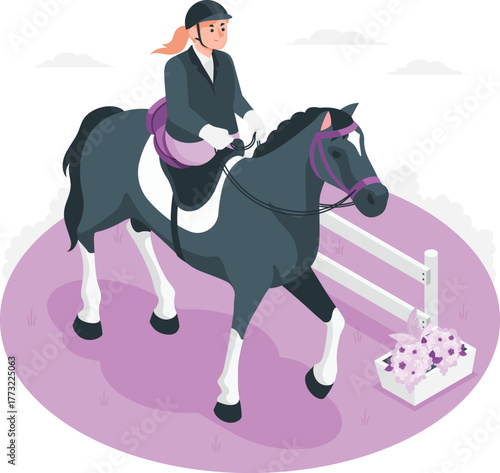 Equestrian rider in formal attire on a dark horse near a jump jumping show jumping