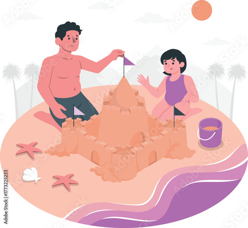 Family Building Sandcastle on Beach illustration