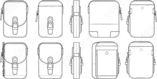 cad drawing flat vector illustration, technical pouch sketch, small bag design, fashion accessory template, zipper flap closure, buckle strap mockup