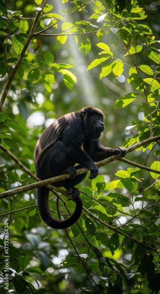 Obraz premium Majestic Howler Monkey Perched on Branch in Lush Forest Sunlight Rays Falling Beautifully