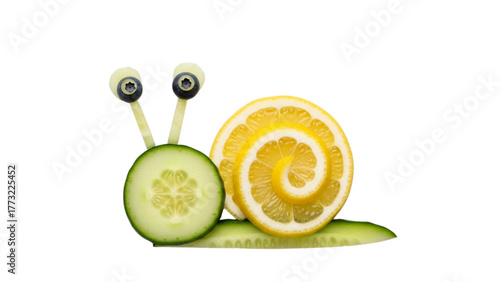 High-Quality Black Outline Colorful Art of Snail Made from Fruits, Creative Food Design 