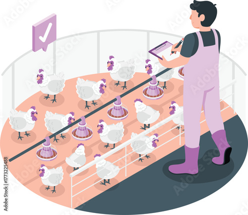 Farmer checks on white chickens in a modern farm enclosure agriculture poultry