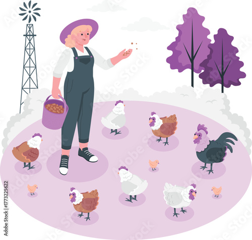 Farmer feeding chickens and chicks near windmill and purple trees woman