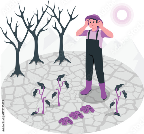 Farmer distressed in dry cracked earth with wilting plants agriculture drought
