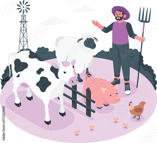 Farmer with cow sheep pig chicken and windmill on pastel farm animals