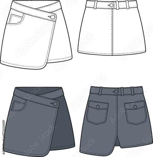CAD fashion flat sketch, wrap mini skirt, crossover waist skort design, denim style skirt, vector fashion illustration, technical apparel drawing