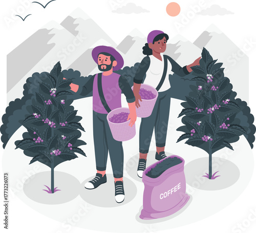 Farmers harvesting coffee beans in a mountainous landscape coffee farm agriculture