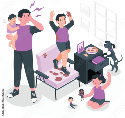 Father overwhelmed by messy children and dog in living room baby toddler