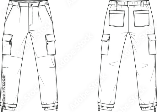 Cargo pants flat sketch, technical fashion drawing, unisex utility trousers vector, streetwear design template, detailed CAD illustration, apparel mockup outline