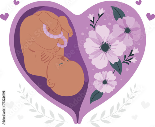 Fetus inside a heart-shaped womb with flowers baby pregnancy