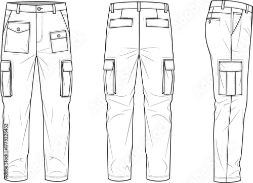 Cargo pants technical flat sketch, men’s utility trousers vector template, multi-pocket workwear pants fashion design illustration