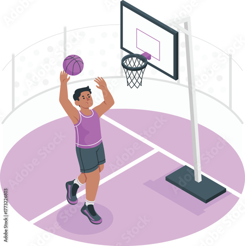 Flat illustration of a person playing basketball on a court player hoop