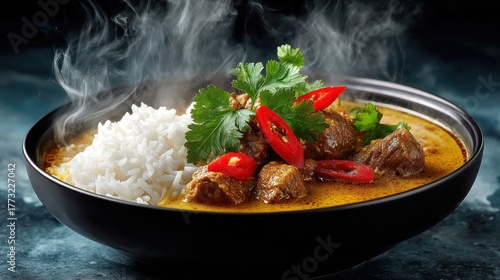 Close-up of steaming curry, white rice, cilantro, & chili garnish in a black bowl