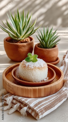Round Bamboo Tray Displaying White Coconut Topped Cake With Green Mint Garnish And Two Potted Succulents Plants In Natural Sunlight