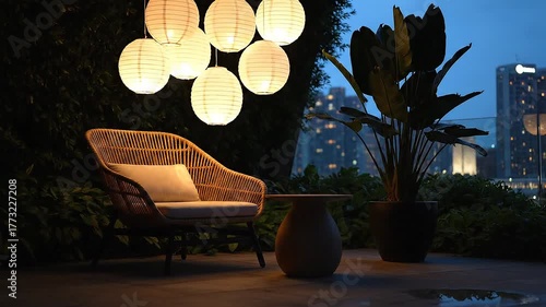 Cozy outdoor seating area at dusk, featuring paper lanterns, a wicker chair with a cushion, and a side table, with city lights in the background