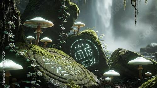 Magical moss-covered stones with ancient symbols, illuminated by glowing mushrooms, set in a mystical forest with a waterfall in the background