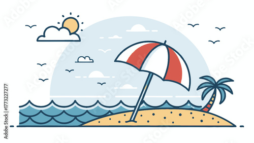 A beach umbrella with stripes on a sunny summer day