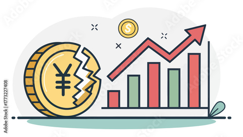 Broken Yen Coin Alongside a Growing Financial Chart