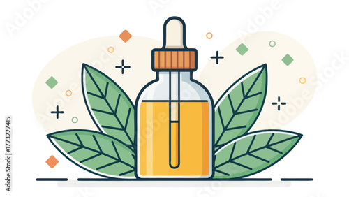 Essential Oil Bottle with Dropper and Green Leaves
