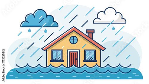 Illustration of a House Being Flooded in Heavy Rainfall
